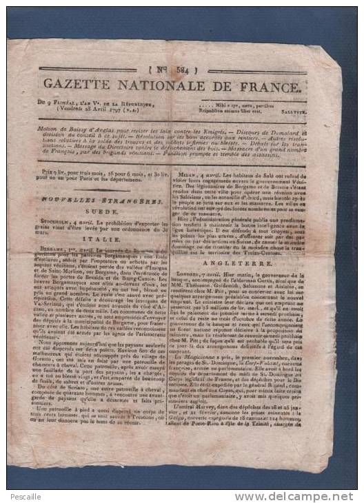 GAZETTE NATIONALE DE FRANCE 28 04 1797 - BERGAME SALO MILAN VERONNE VENISE - BOIS FORETS - EMIGRES - SOLDES MILITAIRES - Zeitungen - Vor 1800