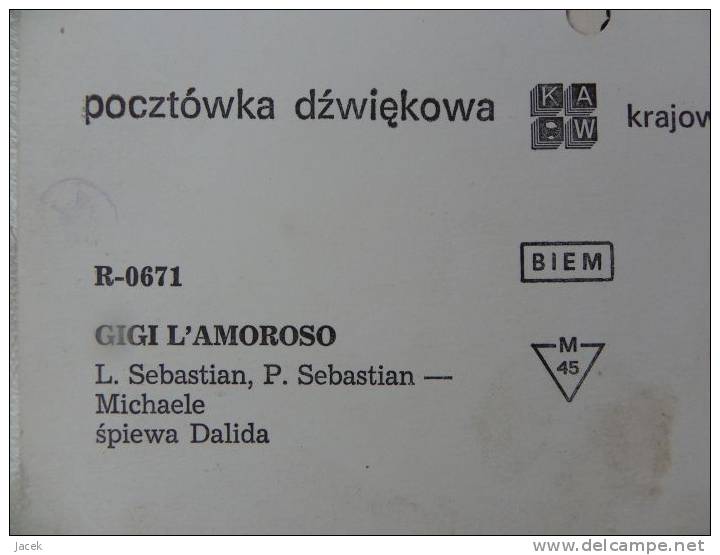 45 Rpm Polish Flexi Card/ Dalida  Gigi Lamoroso Very Rare - Formats Spéciaux