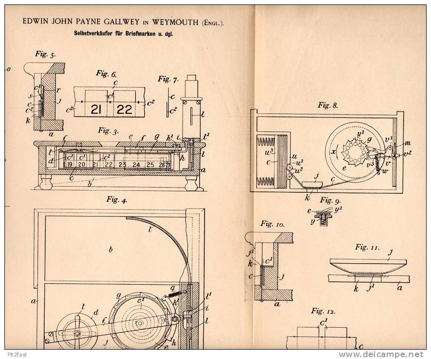 Original Patentschrift - E.J. Gallwey In Weymouth , Engl., 1897 , Vending Machine Für Post Stamps !!! - Máquinas