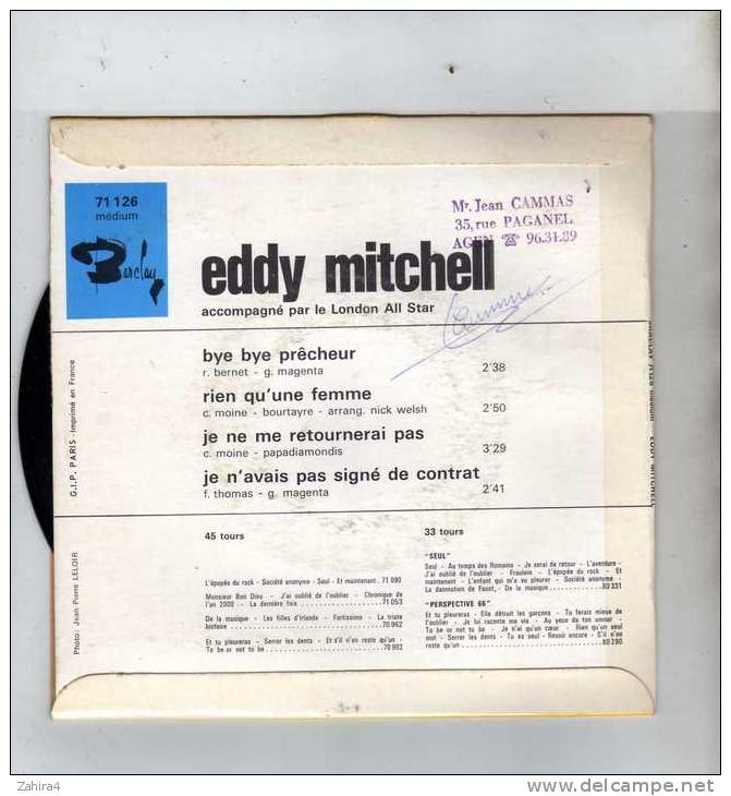 Eddy Mitchell - Barclay - Bye Bye Précheur - Rien Qu'une Femme - Je Ne Me Retournerai Pas - Je N'avais Pas Signé De Cont - Rock