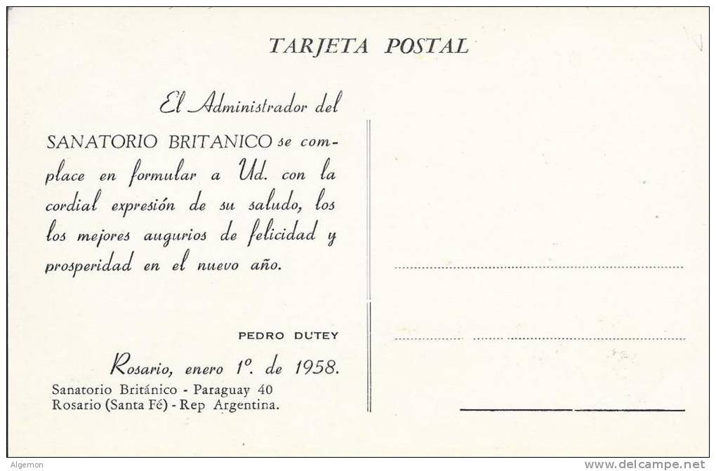 6574 - Rosario Sanatorio Britanico Voeux De L´Administrateur Pour 1958 - Argentina