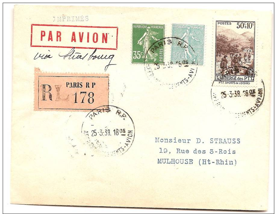 ENVELOPPE IMPRIME PAR AVION   RECOMM PARIS  RP  1938  OBLIT  HOROPLAN /SEMEUSES - Covers & Documents