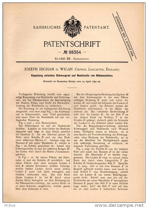 Original Patentschrift - J. Higham In Wigan , Lancaster , 1897 , Sewing Machine , Clutch !!! - Tools