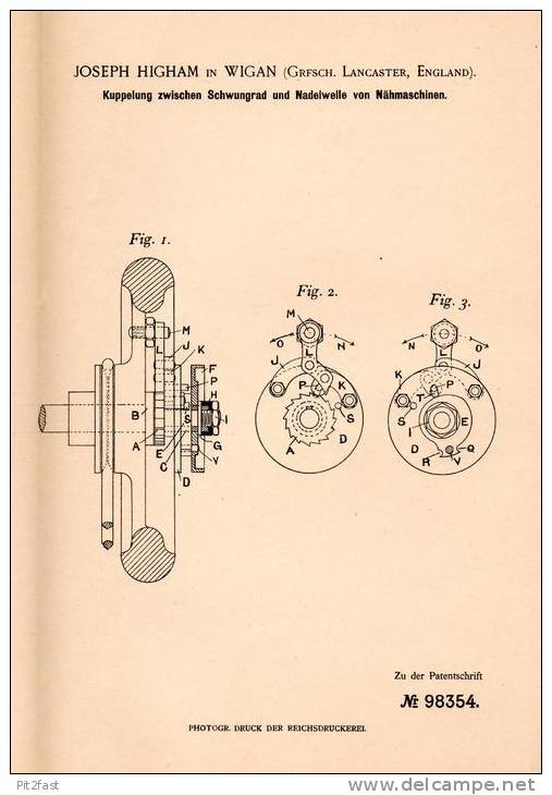 Original Patentschrift - J. Higham In Wigan , Lancaster , 1897 , Sewing Machine , Clutch !!! - Tools