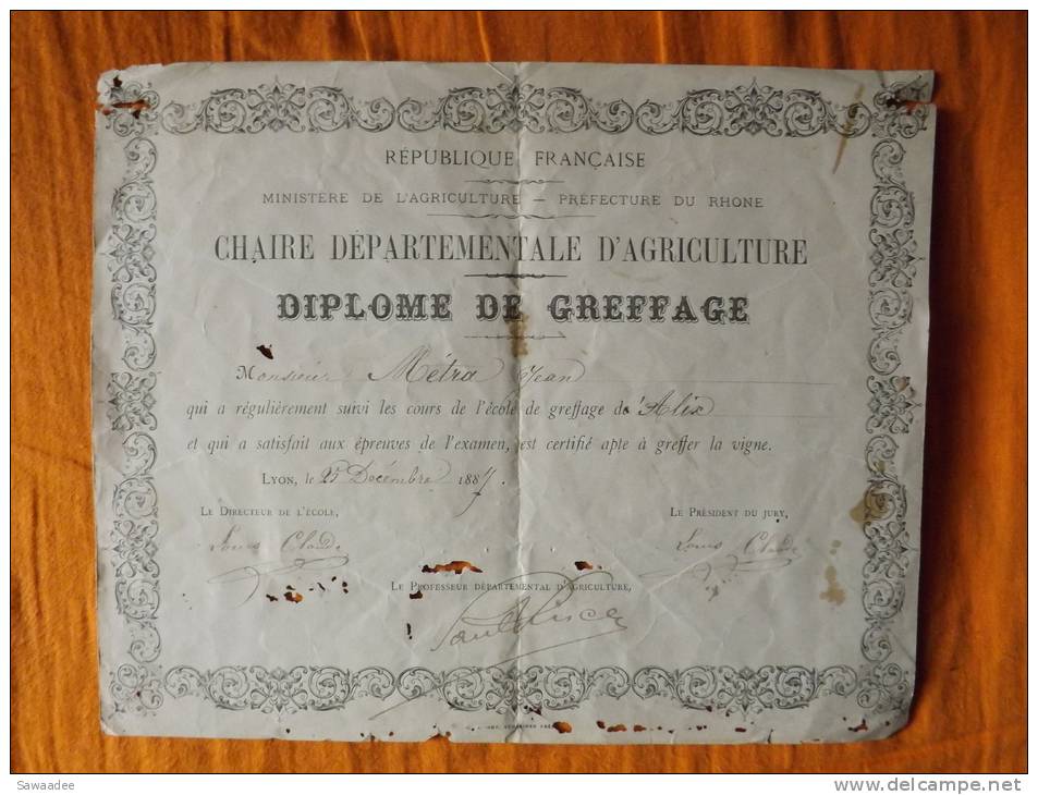 DIPLOME DE GREFFAGE - AGRICULTURE - CHAIRE DEPARTEMENTALE D´AGRICULTURE - PREFECTURE DU RHONE - 25 DECEMBRE 1887 - Diplômes & Bulletins Scolaires