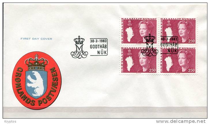 Greenland 1981-89. 8 FDCs. "Queen Margrethe II" In Blocks Of 4 - FDC