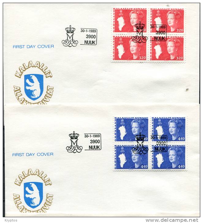 Greenland 1981-89. 8 FDCs. "Queen Margrethe II" in Blocks of 4