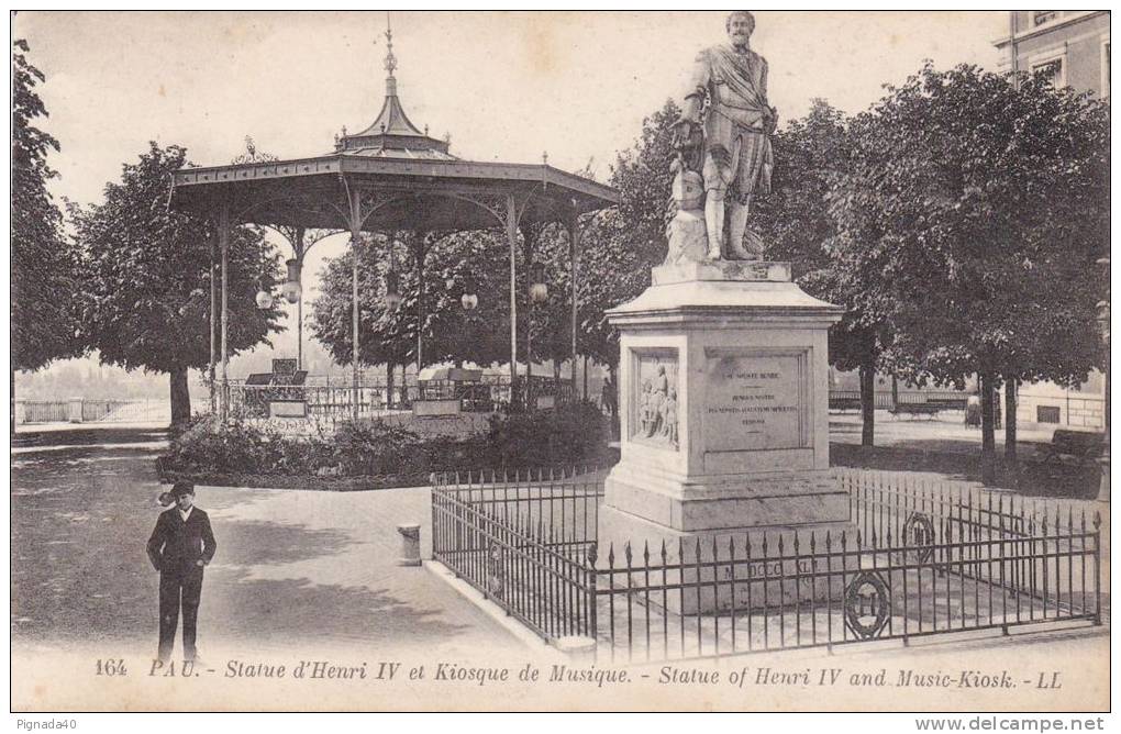 Cp , 64 , PAU , Statue D'Henri IV Et Kiosque à Musique - Pau