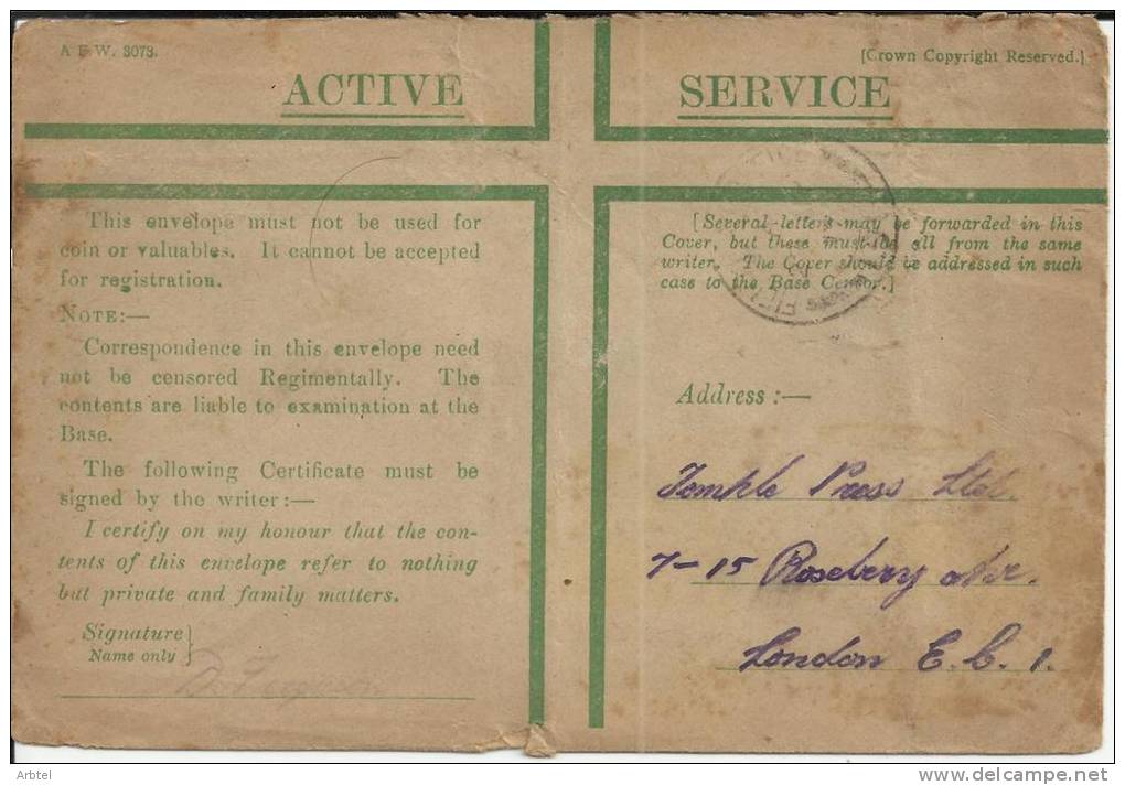 INGLATERRA PRIMERA  GUERRA MUNDIAL GREEN COVER UTILIZADO PARA EVITAR LA CENSURA DEL REGIMIENTO - 1. Weltkrieg