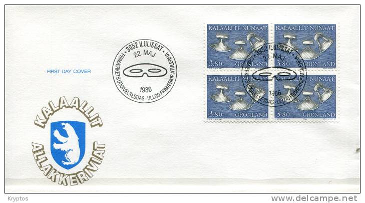 Greenland 1986-88. 7 FDCs "Ethnographic Objects" In Blocks Of 4 Stamps - FDC