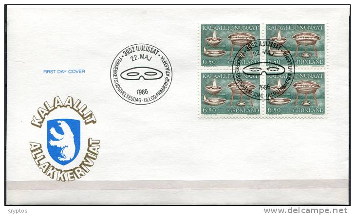 Greenland 1986-88. 7 FDCs "Ethnographic Objects" In Blocks Of 4 Stamps - FDC