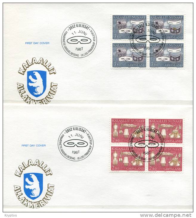 Greenland 1986-88. 7 FDCs "Ethnographic Objects" In Blocks Of 4 Stamps - FDC