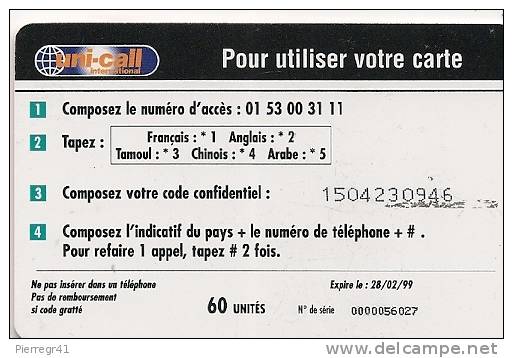 CARTE-PREPAYEE-50FF-60U-U NI-CALL-GENERIQUE-ETOILE- ORANGE-V° 28/02/99-- TBE - Autres & Non Classés