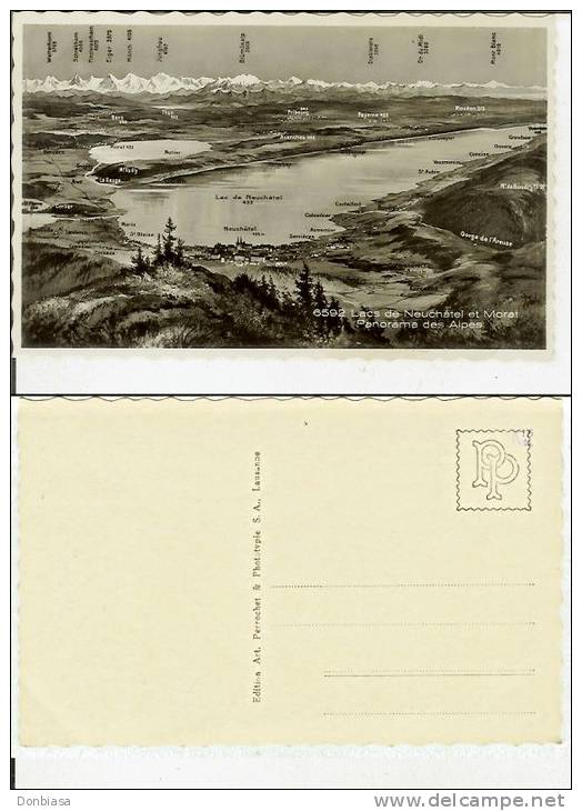 Lacs De Neuchatel Et Morat: Panorama Des Alpes. Carte Postale 9x14 (Cornaux Cressier Landeron Corcelles Peseux Anet Bole - Bôle