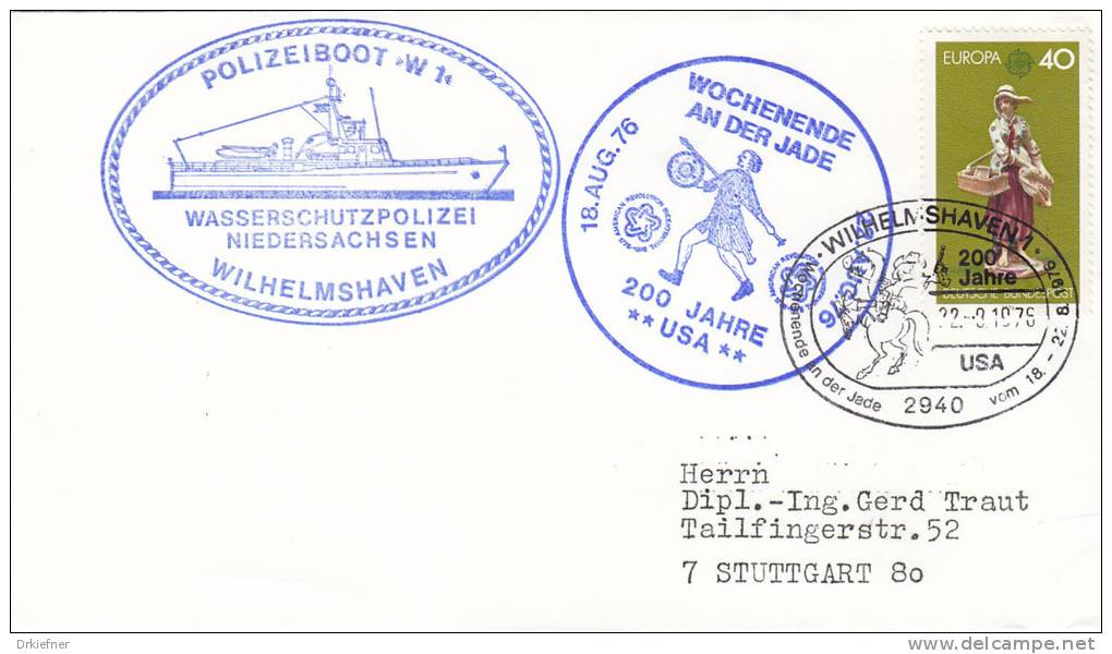 SCHIFFSPOST: Polizeiboot, Küstenstreifenboot, "W 1", WSP Wilhlmshaven, 200 Jahre USA, Stempel: Wilhelmshaven 22.8.1976 - Maritime