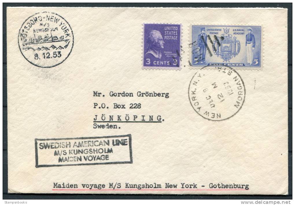 1953 Sweden Swedish American Line Ship M/S Kungsholm New York USA Maiden Voyage Cover - Briefe U. Dokumente