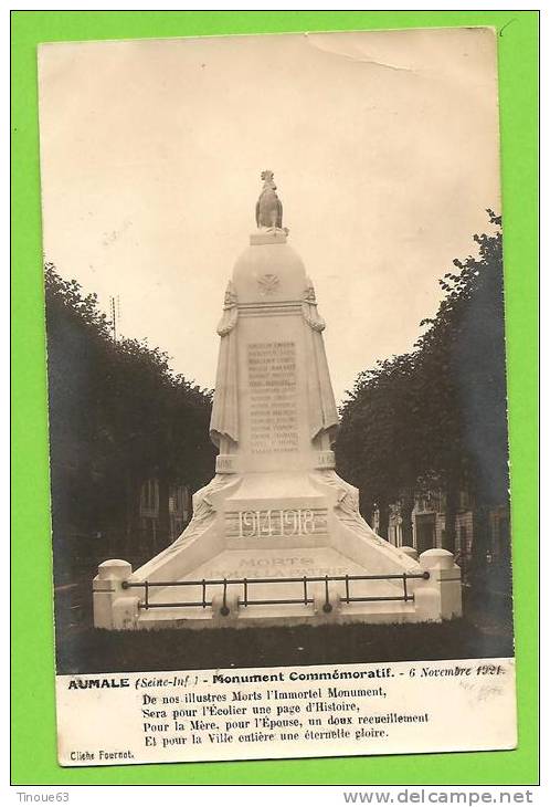 76 * AUMALE - Carte Photo - Monument Commémoratif 6 Novembre 1921 - Cliché Fournet - Aumale