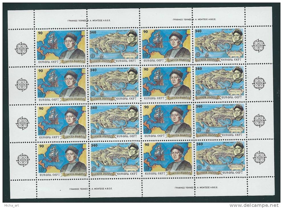 Greece 1992 Europa Cept Sheet 8 Sets MNH - Feuilles Complètes Et Multiples