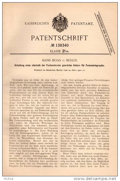 Original Patentschrift - Hans Boas In Berlin , 1900 , Schaltung Für Telegraphie , Telegraphy , Radio , Telegraph !!! - Literature & Schemes