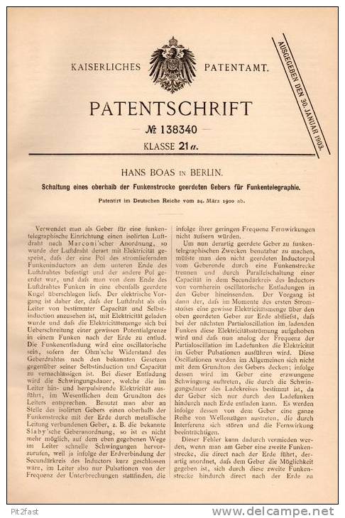 Original Patentschrift - Hans Boas In Berlin , 1900 , Schaltung Für Telegraphie , Telegraphy , Radio , Telegraph !!! - Literatuur & Schema's