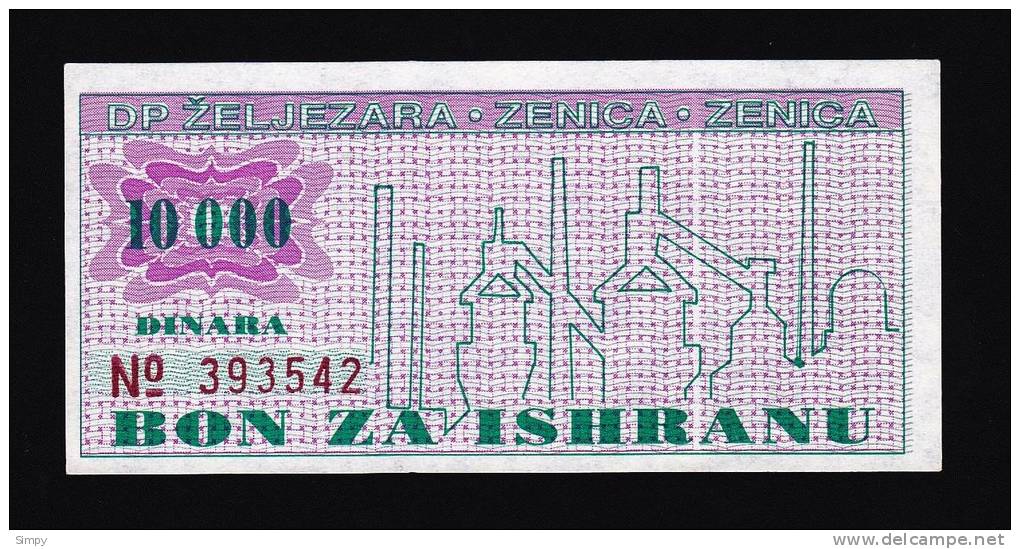 BOSNIA & HERZEGOVINA -  10.000 Dinara 1992 UNC Coupon Bon For Meal  IRONWORKS ZENICA - Bosnien-Herzegowina