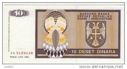 BILLET 10 DINARS # 1992 # NEUF - Bosnie-Herzegovine