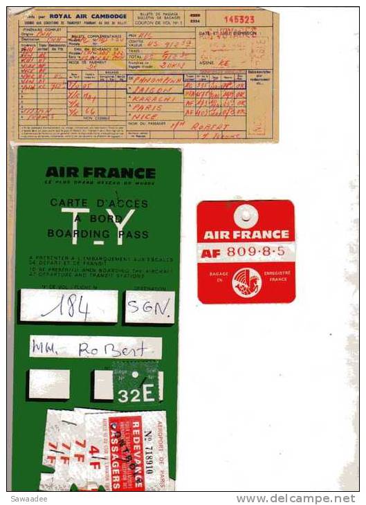 TICKET DE TRANSPORT - AVIATION - AIR FRANCE / ROYAL AIR CAMBODGE - ETIQUETTE BAGAGE - CARTE D´EMBARQUEMENT - ANNE 60 - Monde