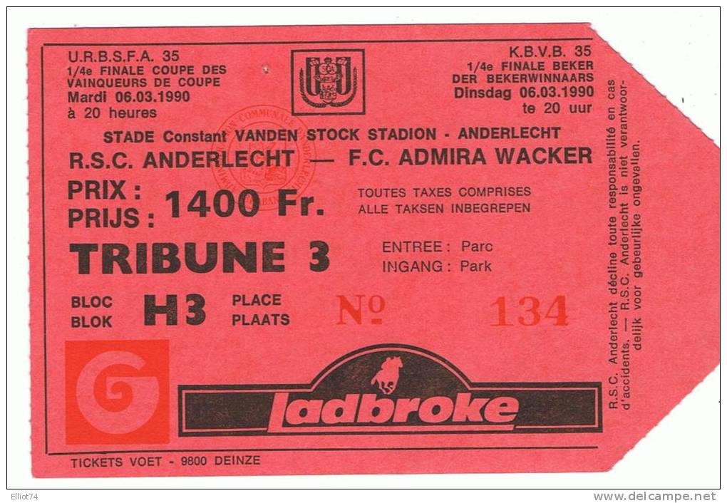 RSC ANDERLECHT - FC ADMIRA WACKER 1990 - COUPE DES VAINQUEURS DE COUPE 1990 (Ticket Football) - Eintrittskarten