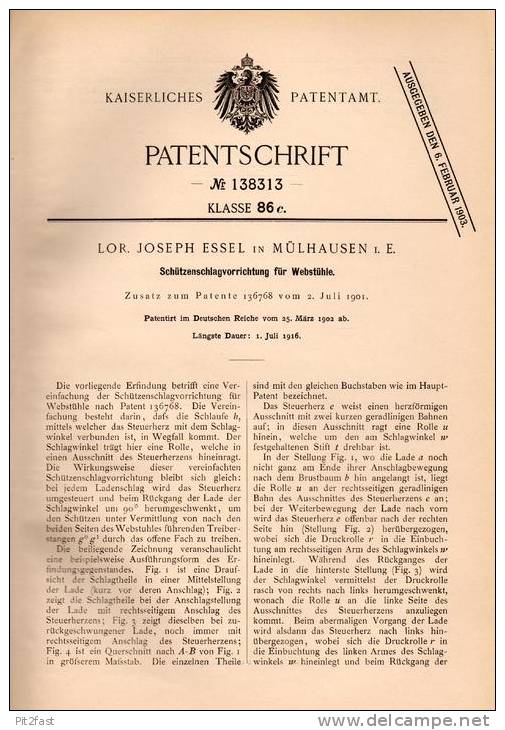 Original Patentschrift - L. Essel In Mühlhausen / Mulhouse I.E., 1902 , Métier A Tisser , Apparat Für Webstuhl , Weberei - Historische Dokumente