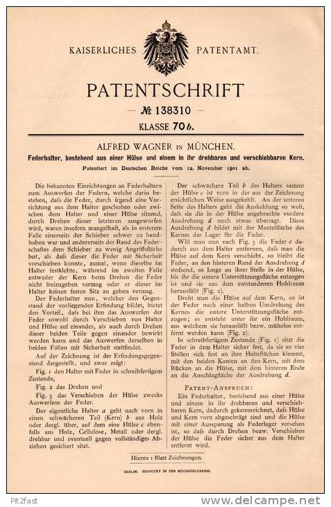 Original Patentschrift - A. Wagner In München , 1901 , Federhalter , Füller , Pelikan , Faber !!! - Pens