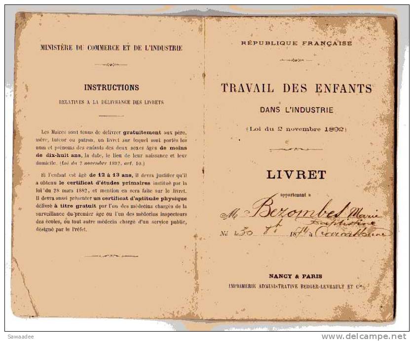 LIVRET - TRAVAIL DES ENFANTS DANS L´INDUSTRIE (LOI DU 2 NOVEMBRE 1892) - MARIE BEZOMBES - APPRENTIE - CARCASSONNE - 1893 - Diplomas Y Calificaciones Escolares