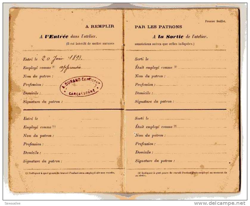 LIVRET - TRAVAIL DES ENFANTS DANS L´INDUSTRIE (LOI DU 2 NOVEMBRE 1892) - MARIE BEZOMBES - APPRENTIE - CARCASSONNE - 1893 - Diplomi E Pagelle