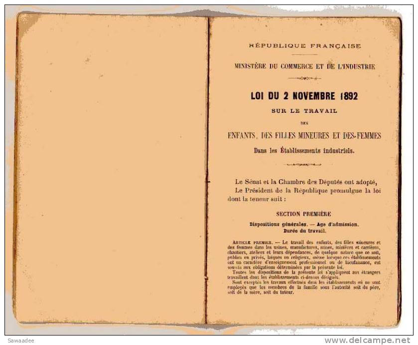 LIVRET - TRAVAIL DES ENFANTS DANS L´INDUSTRIE (LOI DU 2 NOVEMBRE 1892) - MARIE BEZOMBES - APPRENTIE - CARCASSONNE - 1893 - Diplomi E Pagelle