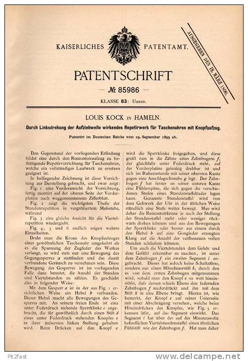 Original Patentschrift - Louis Kock In Hameln , 1895 , Taschenuhr - Repetierwerk , Uhr , Uhrmacher , Uhren !!! - Relojes De Bolsillo