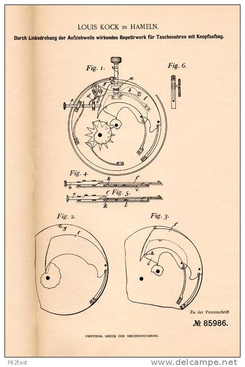 Original Patentschrift - Louis Kock In Hameln , 1895 , Taschenuhr - Repetierwerk , Uhr , Uhrmacher , Uhren !!! - Relojes De Bolsillo