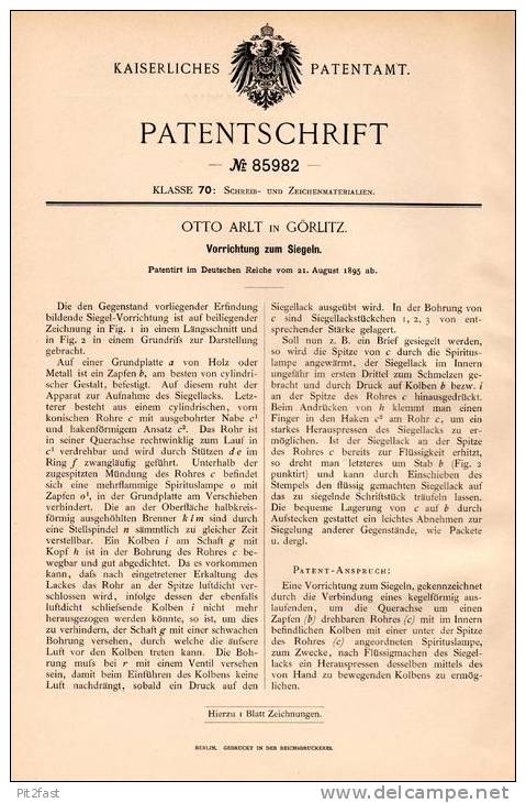 Original Patentschrift - Otto Arlt In Görlitz , 1895 , Apparat Zum Siegeln , Siegel , Siegellack !!! - Stempel & Siegel