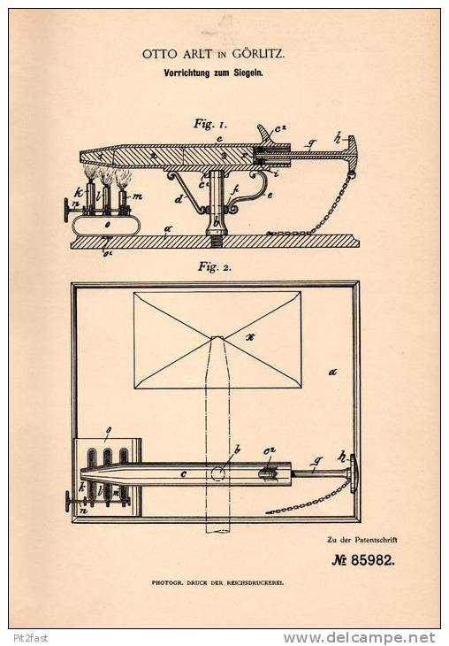 Original Patentschrift - Otto Arlt In Görlitz , 1895 , Apparat Zum Siegeln , Siegel , Siegellack !!! - Cachets