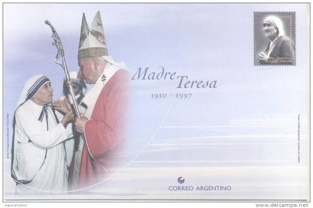 MADRE TERESA DE CALCUTA 1910-1997 ENTERO POSTAL REPUBLICA ARGENTINA NEW NEUVE NUEVO TBE - Christianity