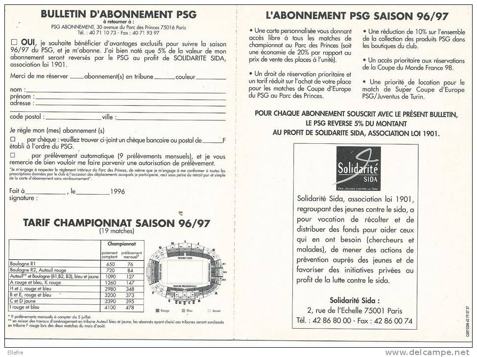 Bulletin D'abonnement PSG, Saison 1996-1997, Liste Des Articles Publicitaires Au Dos. Bon état Vierge Voir Scan - Sport En Toerisme