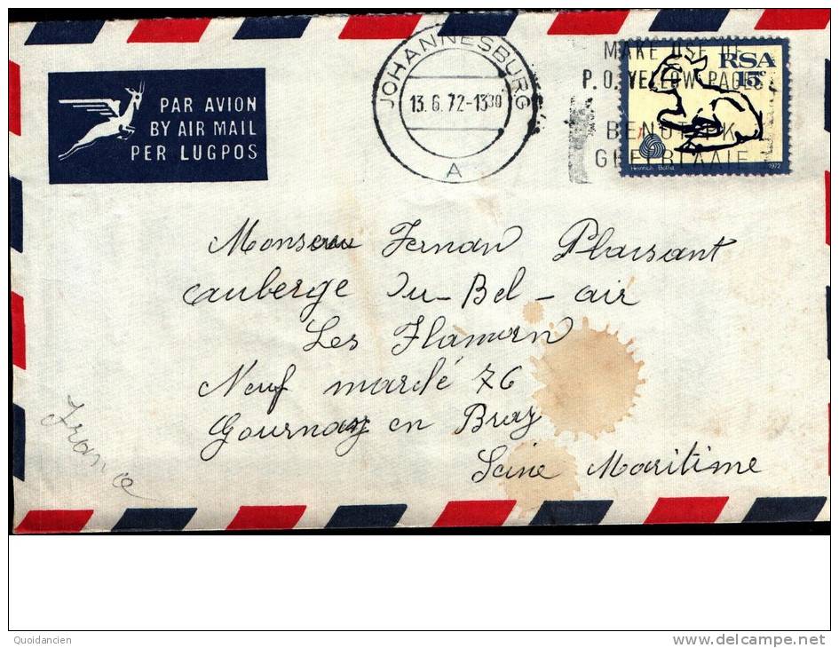 Enveloppe  13/06/1972  -  JOHANNESBURG  -  Timbre RSA Mouton  -  M.  PLAISANT  à  GOURNAY EN BRAY - Posta Aerea