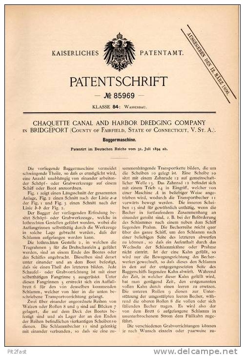 Original Patentschrift - Canal And Harbor Dredging Comp. In Brideport , Connect., 1894 , Excavator Machine , Pipe , Port - Tools