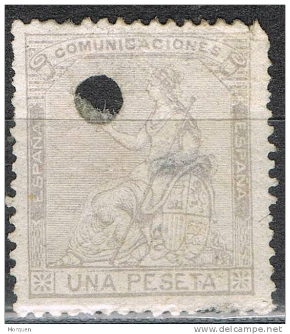 Sello 1 Pta Alegoria España 1873, Perforado Telegrafico, Num 138aT º - Gebraucht