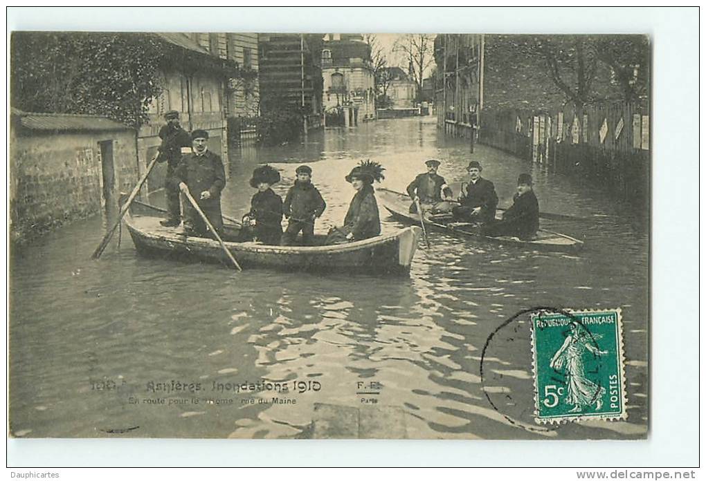 ASNIERES - Inondations De Janvier 1910 - Rue Du Maine Animée - Edition F.F. -  2 Scans - Asnieres Sur Seine