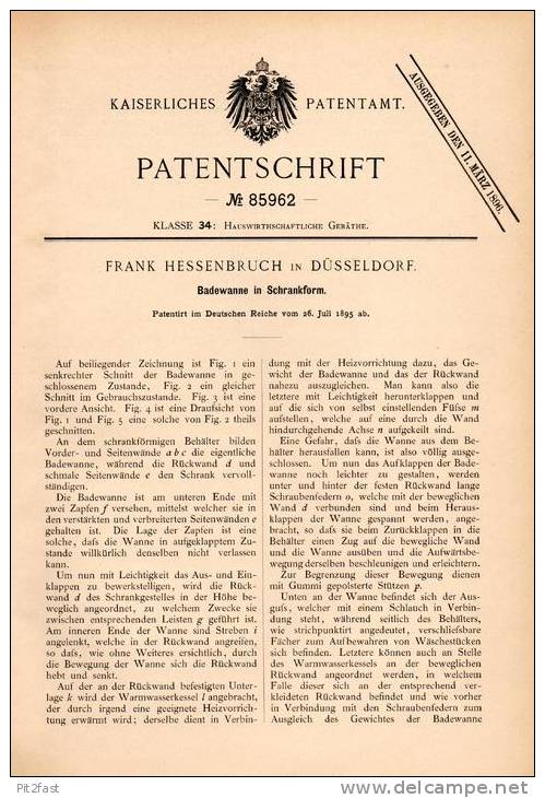 Original Patentschrift - F. Hessenbruch In Düsseldorf , 1895 , Badewanne In Schrankform , Möbel , Wanne , Schrank !!! - Sonstige & Ohne Zuordnung