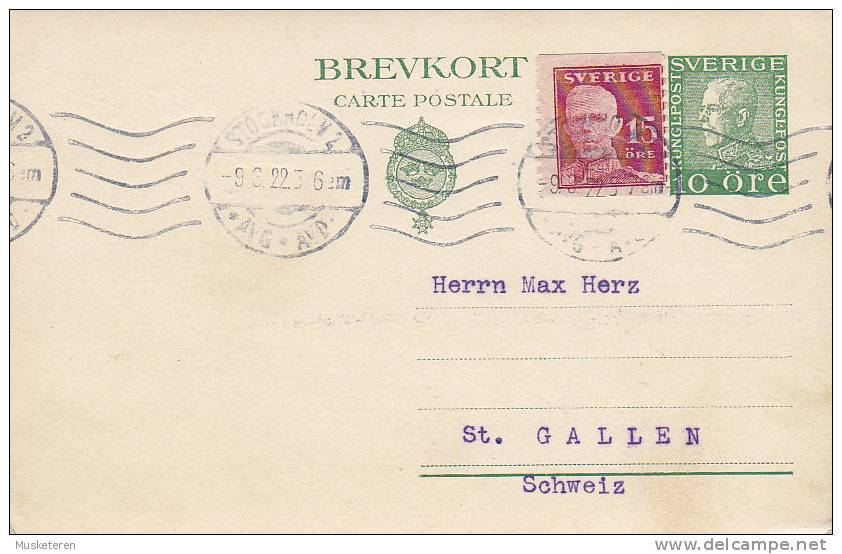 Sweden Uprated Postal Stationery Ganzsache Entier Brevkort STOCKHOLM 1922 Karte Card To ST. GALLEN Switzerland - Postal Stationery