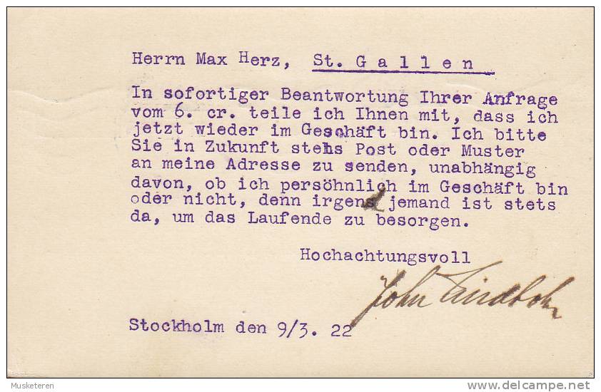 Sweden Uprated Postal Stationery Ganzsache Entier Brevkort STOCKHOLM 1922 Karte Card To ST. GALLEN Switzerland - Entiers Postaux