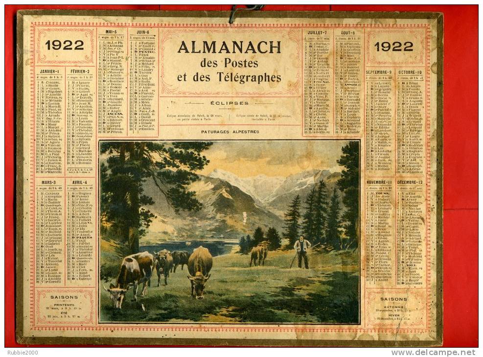 ALMANACH DES POSTES ET TELEGRAPHES 1922 PATURAGES ALPESTRES - Grand Format : 1921-40