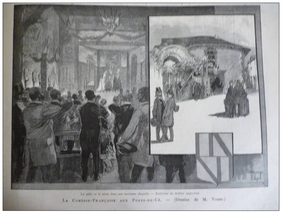 La Comédie Française Aux Ponts De Cé , Gravure D'aprés Dessin De Vogel1887 - Documents Historiques