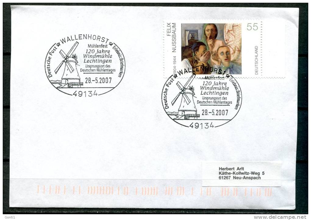 Germany 2007 Sonderbeleg,Postal Cover Windmühle Mi.Nr.2432 Mit SST"Wallenhorst-120 Jahre Windmühle Lechtlingen "1Beleg - Mulini