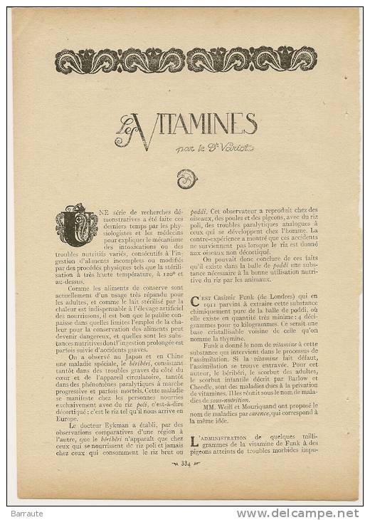Feuillet Article Actualité De 1919  LES VITAMINES Par Le Dr VARIOT . - Documents Historiques